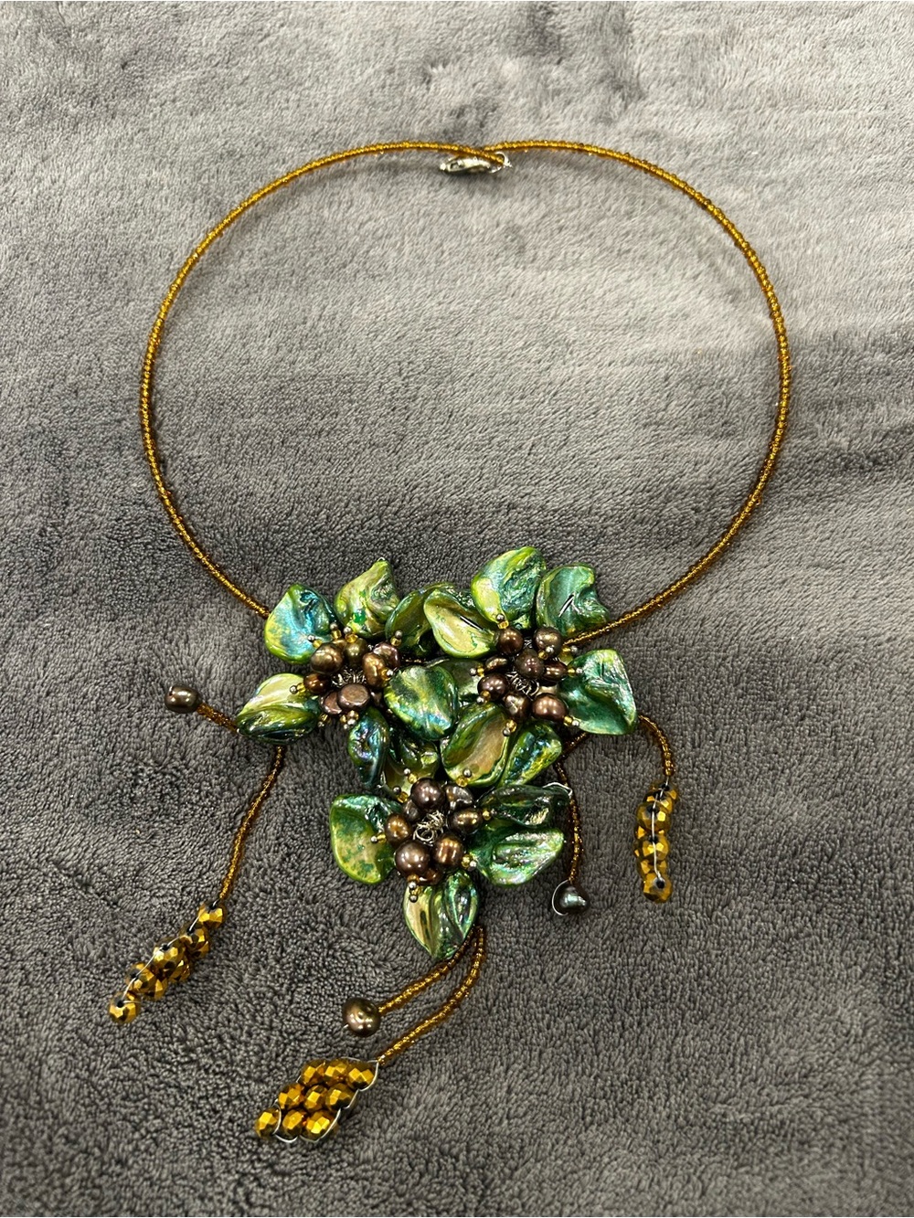 Green mother of pearl Iridescent Floral Statement Necklace -